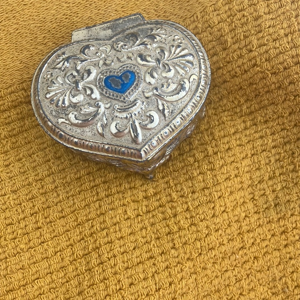 FINAL MARKDOWN Silver tone Heart-Shaped Trinket Box with Blue Accent